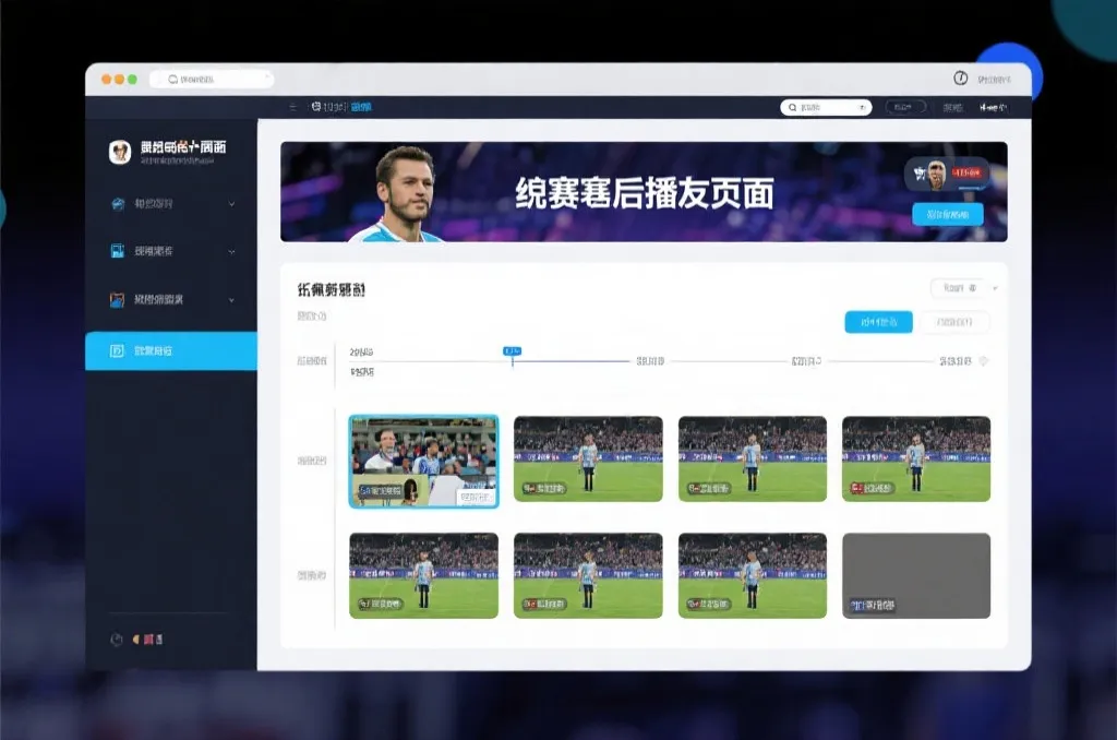 比赛结束后，电视屏幕展示集锦回放页面，旁边有时间轴和多角度切换提示